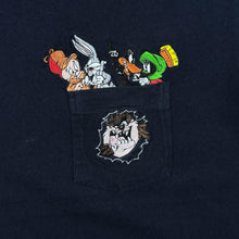 Load image into Gallery viewer, Vintage Warner Bros. Looney Tunes (1999) Embroidered Character Pocket Cotton Black T-Shirt