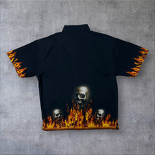 Load image into Gallery viewer, Early 00's Goth Y2K Flaming Skull Graphic Black Polyester Shirt
