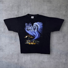 Load image into Gallery viewer, Vintage Zip-It Native American Wolf Wildlife Spiritual Graphic Black T-Shirt
