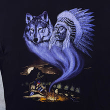 Load image into Gallery viewer, Vintage Zip-It Native American Wolf Wildlife Spiritual Graphic Black T-Shirt