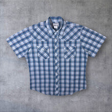 Load image into Gallery viewer, Vintage Wrangler Wrancher Blue White Western Plaid Check Popper Short Sleeve Shirt