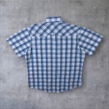 Load image into Gallery viewer, Vintage Wrangler Wrancher Blue White Western Plaid Check Popper Short Sleeve Shirt