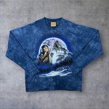 Load image into Gallery viewer, Vintage The Mountain (1998) Native American Wolf Wildlife Blue Tie Dye Long Sleeve T-Shirt