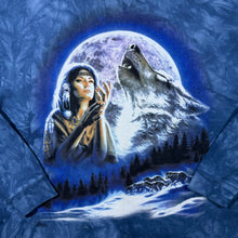 Load image into Gallery viewer, Vintage The Mountain (1998) Native American Wolf Wildlife Blue Tie Dye Long Sleeve T-Shirt
