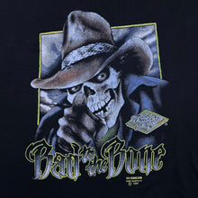 Load image into Gallery viewer, Vintage 3D Emblem "Bad To The Bone" Skull Biker Graphic Black Single Stitch T-Shirt