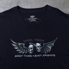 Load image into Gallery viewer, Lethal Threat "Good Times Bad Friends" Goth Biker Skull Graphic Black T-Shirt