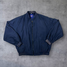 Load image into Gallery viewer, Vintage Let's Go 100% Silk Navy Blue Lightweight Zip Bomber Jacket