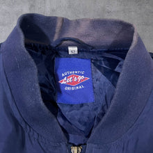 Load image into Gallery viewer, Vintage Let's Go 100% Silk Navy Blue Lightweight Zip Bomber Jacket