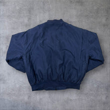 Load image into Gallery viewer, Vintage Let's Go 100% Silk Navy Blue Lightweight Zip Bomber Jacket