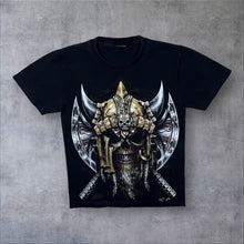 Load image into Gallery viewer, Early 00's Rock Chang Goth Fantasy Viking Skull Axe Graphic Black T-Shirt