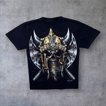 Load image into Gallery viewer, Early 00's Rock Chang Goth Fantasy Viking Skull Axe Graphic Black T-Shirt