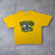Load image into Gallery viewer, NFL Pittsburgh Steelers Helmet Spellout Football Graphic Yellow T-Shirt