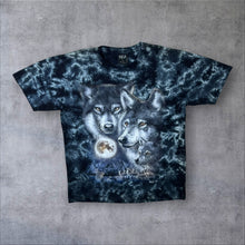 Load image into Gallery viewer, Early 00's Wild Wolf Animal Nature Wildlife Graphic Blue Tie Dye Cotton T-Shirt