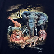 Load image into Gallery viewer, Early 00's Wild Animal Nature Wildlife Elephant Lion Rhino Graphic Black T-Shirt