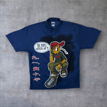 Load image into Gallery viewer, Early 00's Here & There C&A Goth Y2K Skater Cartoon Graphic Blue Polyester Shirt
