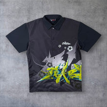 Load image into Gallery viewer, Early 00's Tribal Gear Y2K Goth Graffiti Embroidered Graphic Black Polyester Shirt