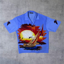 Load image into Gallery viewer, Early 00's Fuhua Nautical Y2K Sunset Graphic Blue Open Collar Shirt