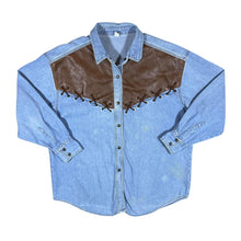 Load image into Gallery viewer, Vintage Faux Leather Shoulder Panel Cowboy Western Long Sleeve Blue Denim Shirt