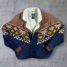 Load image into Gallery viewer, Vintage 90's KFMC Aztec Patterned Woven Panel Suede Leather Fleece Lined Bomber Jacket