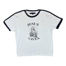 Load image into Gallery viewer, FRENCH CONNECTION "Jesus Saves" Jesus Novelty Football Graphic Ringer T-Shirt