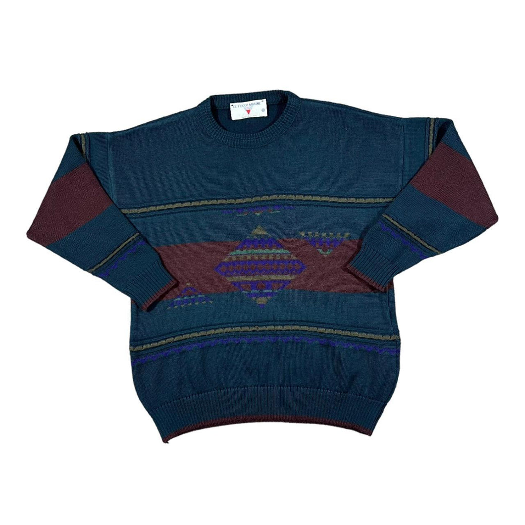 Vintage 90's LE TRICOT MARINE Made In Ireland Grandad Patterned Acrylic Wool Knit Sweater Jumper
