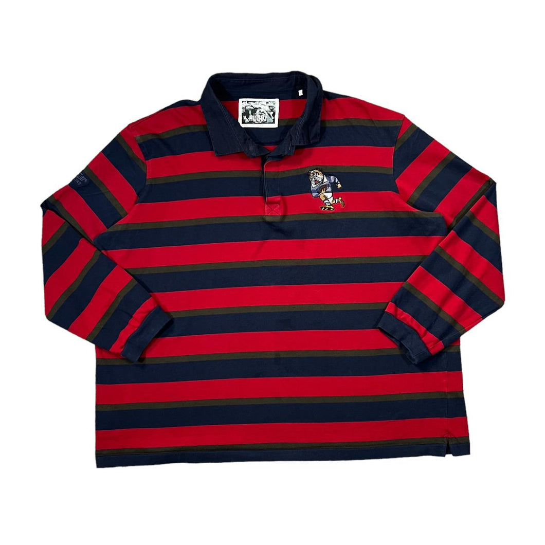Early 00's COTTON TRADERS RUGBY Embroidered Bulldog Striped Long Sleeve Rugby Polo Shirt