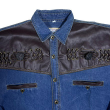 Load image into Gallery viewer, Vintage Men's Company Cowboy Western Brown Faux Leather Panel Blue Denim Shirt