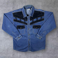 Load image into Gallery viewer, Vintage TG-18 Cowboy Western Lace Panel Blue Denim Long Sleeve Cotton Shirt
