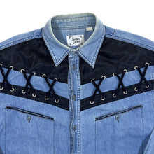 Load image into Gallery viewer, Vintage Jacques Lorant Cowboy Western Lace Panel Blue Denim Long Sleeve Shirt