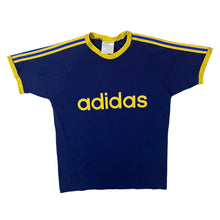 Load image into Gallery viewer, Vintage Adidas Big Spellout Graphic Three Stripe Blue Yellow Cotton Ringer T-Shirt