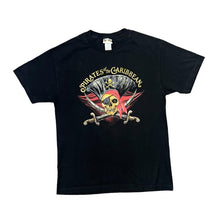 Load image into Gallery viewer, Vintage WALT DISNEY WORLD "Pirates Of The Caribbean" Souvenir Skull Crossbones Spellout Graphic T-Shirt