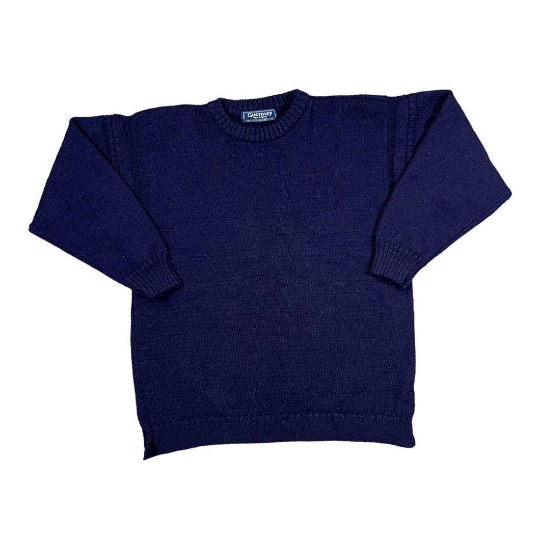 Vintage 90's GUERNSEY WOOLENS Classic Navy Blue Heavyweight Pure New Wool Knit Sweater Jumper