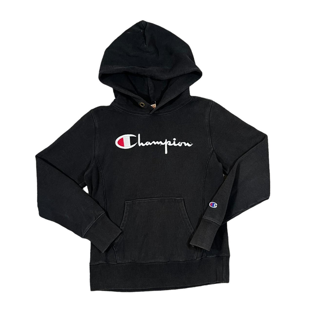 CHAMPION Reverse Weave Embroidered Big Logo Spellout Black Pullover Hoodie