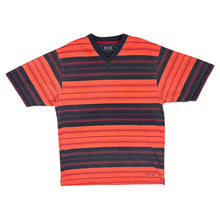 Load image into Gallery viewer, Early 00's MAINE New England Multi Striped Navy Blue Orange V-Neck T-Shirt
