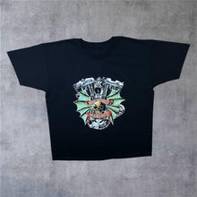 Load image into Gallery viewer, Motorcycle Maniacs (1995) Gothic Biker Skull Spellout Graphic Black T-Shirt