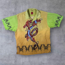 Load image into Gallery viewer, Early 00's Reward Goth Y2K Tribal Dragon Graphic Green Yellow Polyester Shirt