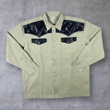Load image into Gallery viewer, Vintage Black Faux Leather Panel Cowboy Western Beige Popper Long Sleeve Shirt GB 43/44