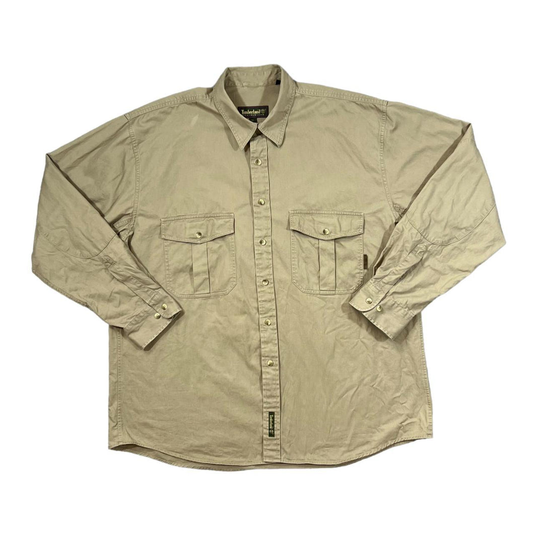 Vintage TIMBERLAND WEATHERGEAR Classic Brown Beige Long Sleeve Cotton Safari Outdoor Shirt