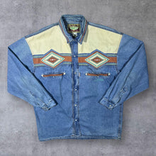 Load image into Gallery viewer, Vintage Shooter Cowboy Western Embroidered Aztec Blue Denim Popper Long Sleeve Shirt