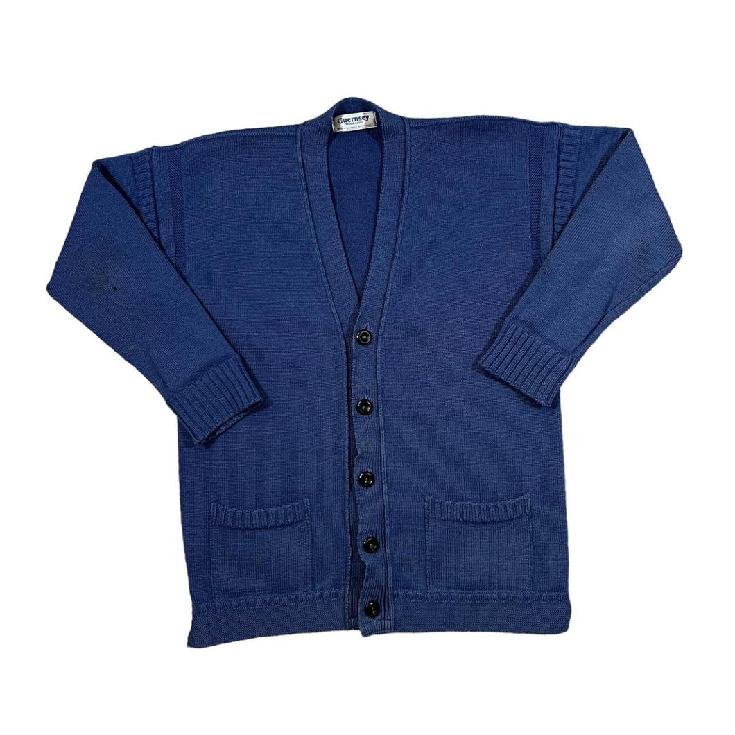 Vintage 90's GUERNSEY WOOLENS Classic Blue Heavyweight Pure New Wool Knit Button Cardigan Sweater Jumper