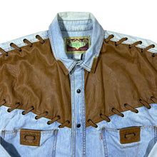 Load image into Gallery viewer, Vintage Shooter Cowboy Western Leather Panel Blue Denim Popper Long Sleeve Shirt