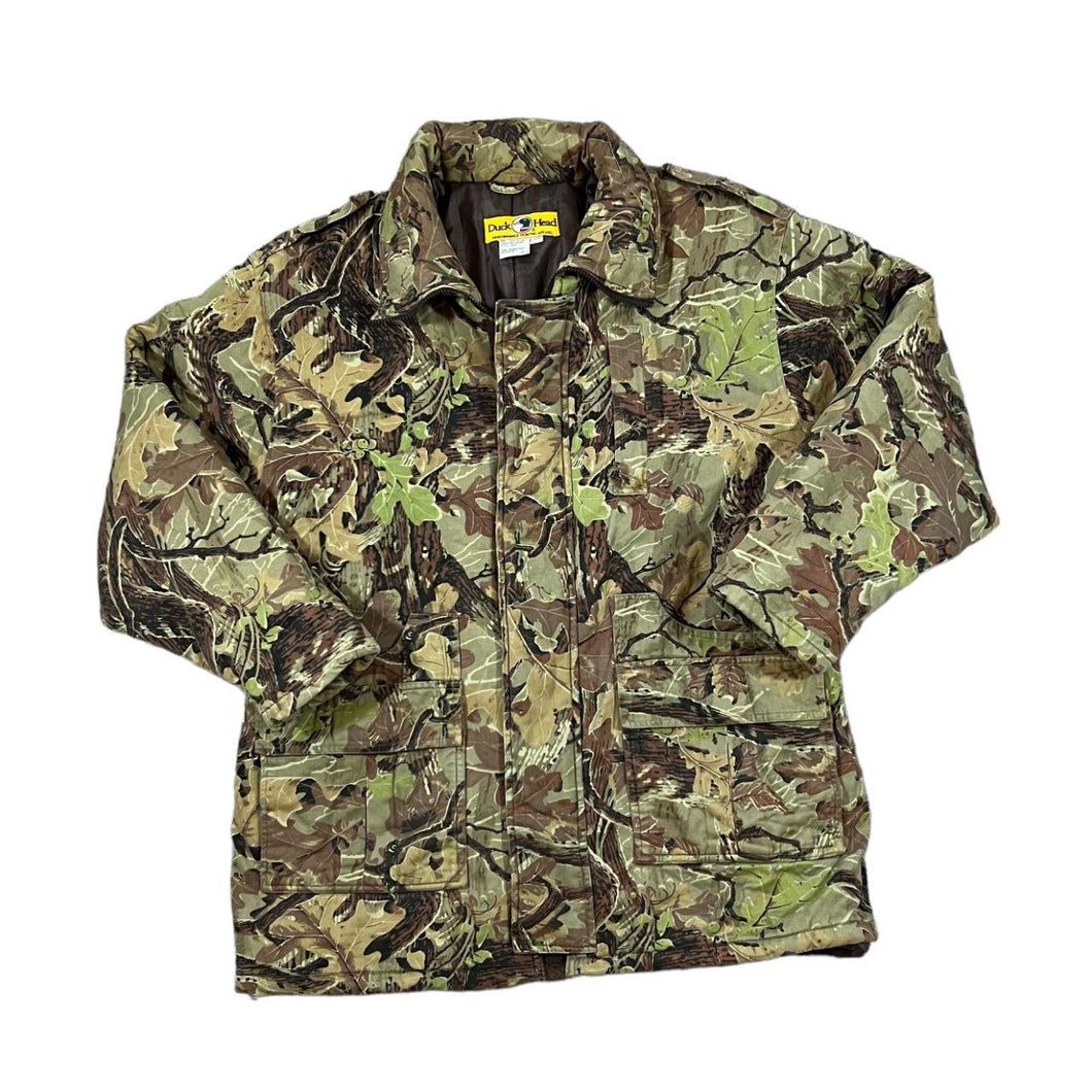 Vintage DUCK HEAD Woodlands Camo Camouflage Print Hunting Fishing Outdoor Padded Jacket