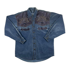 Load image into Gallery viewer, Vintage WESTERN STAR Faux Leather Panel Western Cowboy Style Long Sleeve Blue Denim Shirt