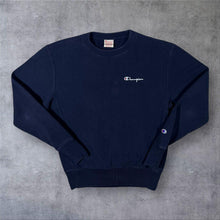 Load image into Gallery viewer, Champion Reverse Weave Embroidered Mini Spellout Logo Navy Blue Sweatshirt