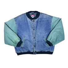 Load image into Gallery viewer, Vintage 90's NORTH CREST Blue Denim Contrast Green Sleeve Padded Bomber Varsity Jacket