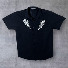 Load image into Gallery viewer, Early 00's Identic Tribal Goth Y2K Tattoo Embroidered Motif Black Short Sleeve Polyester Shirt