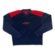 Load image into Gallery viewer, Early 00's UMBRO Embroidered Big Logo Navy Blue Red Fleece V-Neck Sweatshirt