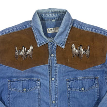 Load image into Gallery viewer, Vintage John F. Gee Cowboy Western Embroidered Horse Blue Denim Popper Long Sleeve Shirt