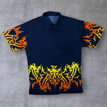 Load image into Gallery viewer, Early 00's Gothic Y2K Tribal Flame Graphic Navy Blue Short Sleeve Shirt