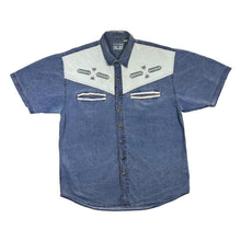 Load image into Gallery viewer, Vintage 90's JOHN BANER Aztec Panel Western Cowboy Short Sleeve Blue Denim Shirt
